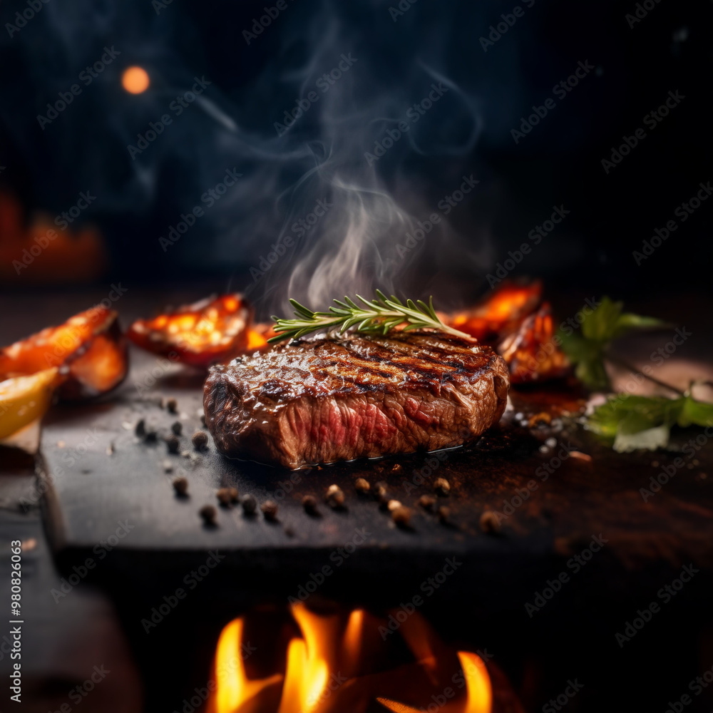 A close-up of a perfectly cooked steak with a sprig of rosemary on top, resting on a dark surface. The steak is sizzling and steaming, surrounded by peppercorns and salt. A close-up of a perfectly cooked steak with a sprig of rosemary on top, resting on a dark surface. The steak is sizzling and steaming, surrounded by peppercorns and salt.