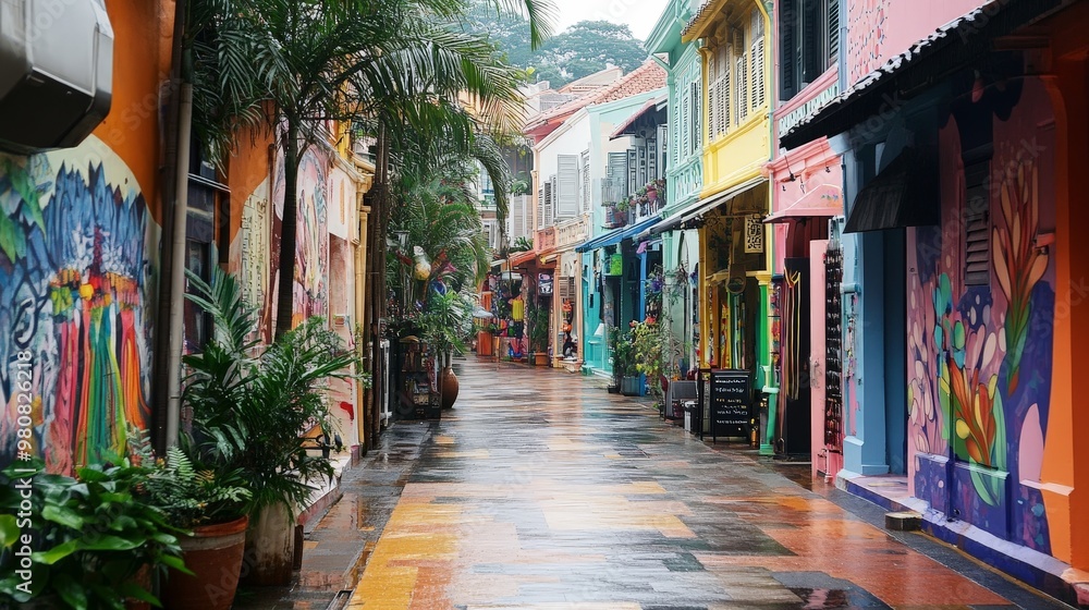 Fototapeta premium Haji Lane in Singapore's Kampong Glam district is a hipster haven, filled with quirky boutiques, street art, and cozy cafes, reflecting the city's creative spirit.