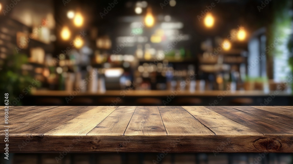 Rustic wooden table in a warm caf setting with blurred background details Rustic wooden table in a warm caf setting with blurred background details