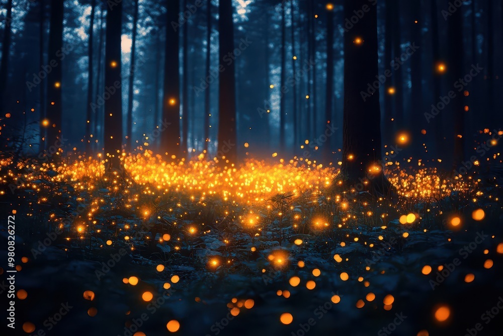 enchanted forest gala with floating golden fireflies moonlit clearings bioluminescent mushrooms and fairy lights create magical atmosphere enchanted forest gala with floating golden fireflies moonlit clearings bioluminescent mushrooms and fairy lights create magical atmosphere