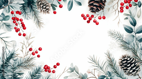 Winter flowers with leaves frame, pinecones and poinsettia flowers. Seasonal Christmas design template, watercolor illustration