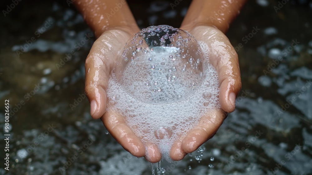 Fototapeta premium A detailed view of soap bubbles forming on hands under running water, highlighting hygiene in a modern environment.