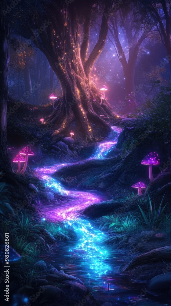 Fototapeta premium A magical forest where trees of light cast a gentle glow