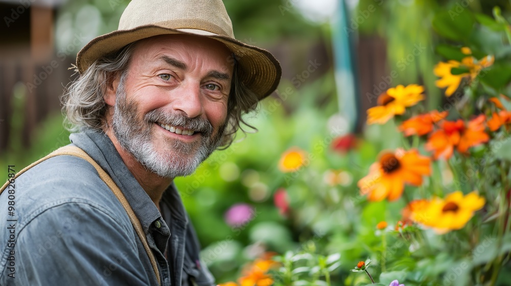 A man with a straw hat is smiling at the camera in front of a garden. The garden is full of flowers, including some orange ones A man with a straw hat is smiling at the camera in front of a garden. The garden is full of flowers, including some orange ones