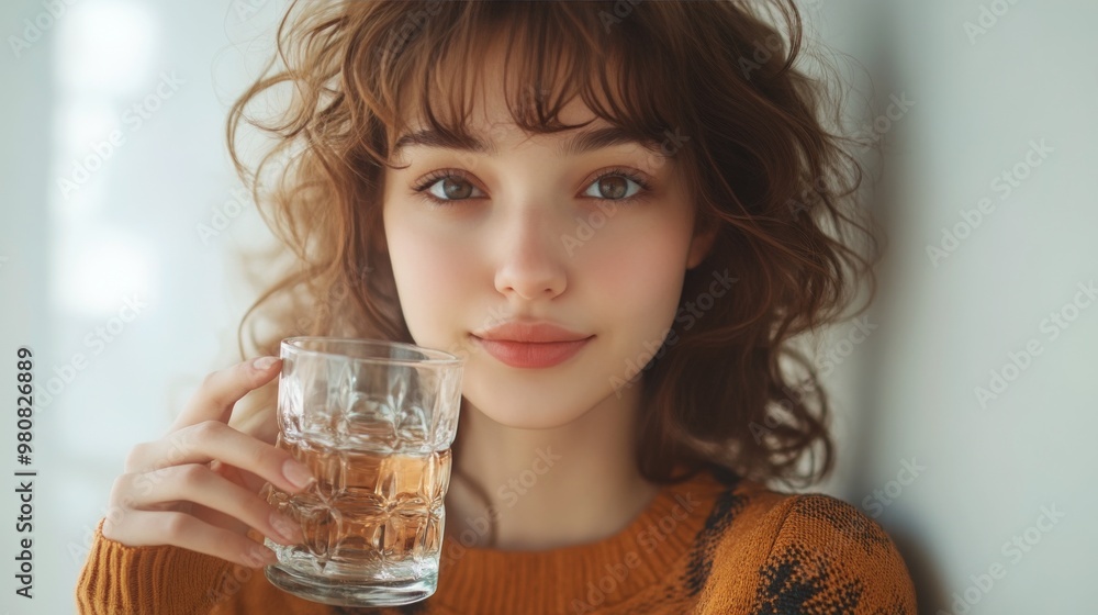Young woman with long hair holding a glass of water in a simple indoor setting Young woman with long hair holding a glass of water in a simple indoor setting