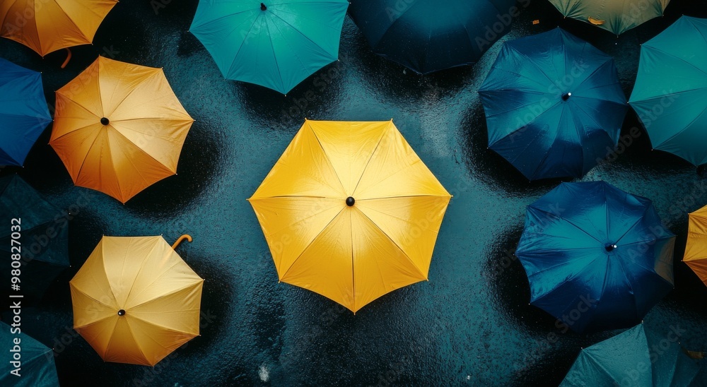 Colorful umbrellas scattered on wet pavement during a rainy day in an urban setting Colorful umbrellas scattered on wet pavement during a rainy day in an urban setting