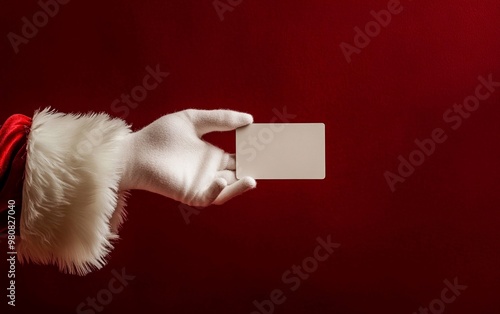 Una mano con guanti bianchi tende una carta regalo vuota, personalizzabile, su uno sfondo di velluto rosso photo