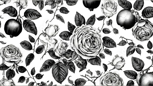 Vintage rose pattern black and white botanical and fruits illustration