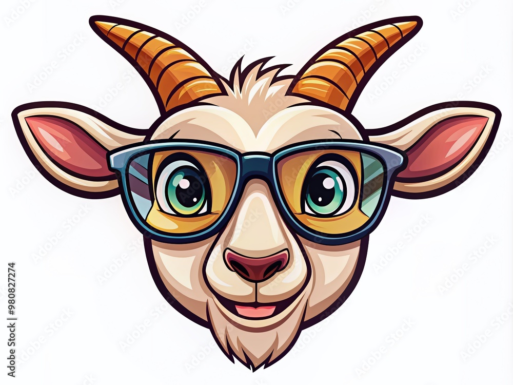 Naklejka premium Adorable smiling goat cartoon character wearing trendy glasses, whimsical vector icon illustration with bold lines, bright colors, and playful personality.