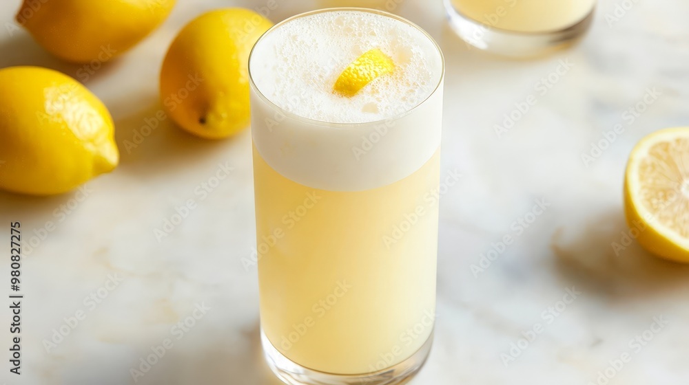 Illustrate a modern gin fizz, with a frothy top and a hint of citrus, served in a tall glass with a lemon twist. Illustrate a modern gin fizz, with a frothy top and a hint of citrus, served in a tall glass with a lemon twist.