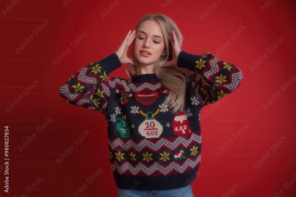 woman in Christmas jacket woman in Christmas jacket
