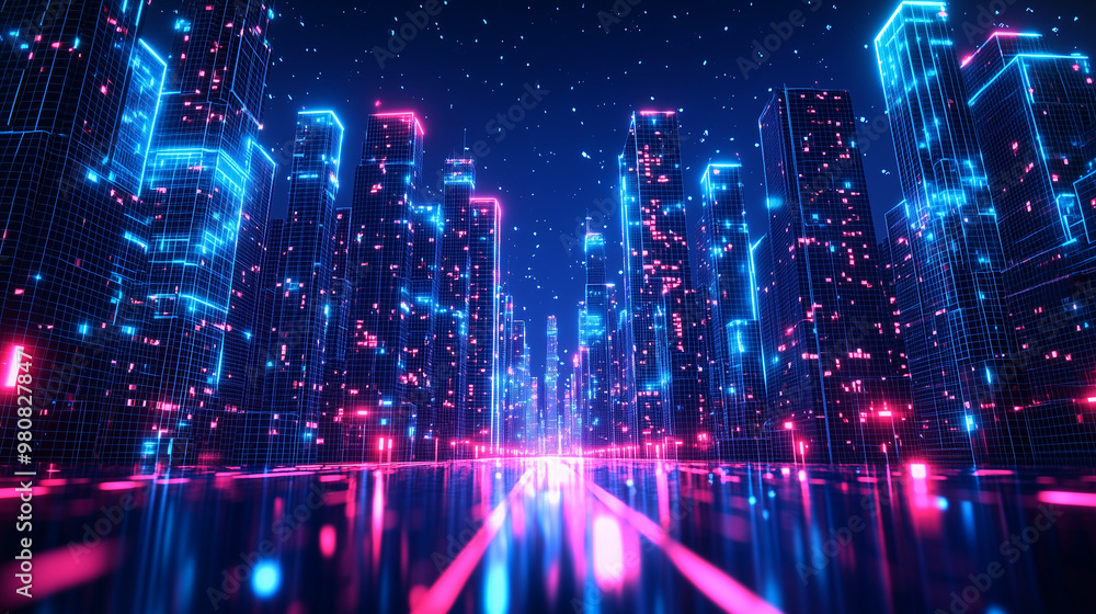 Obraz premium Cyberpunk Neon City Street With High-Tech Urban Design And Blue Pink Glowing Skyscrapers