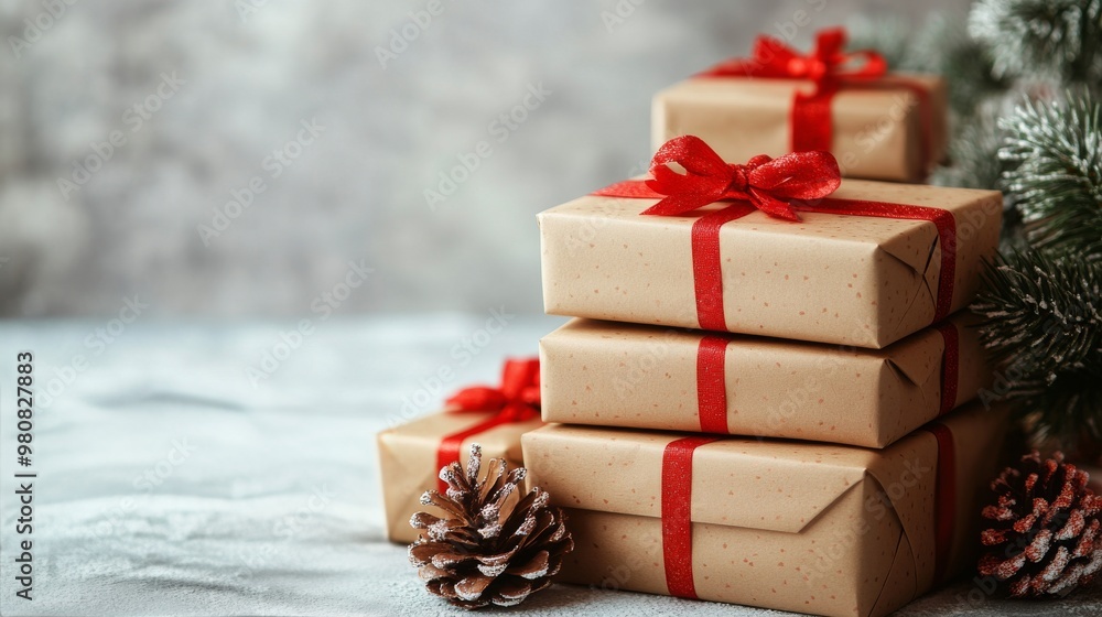 Festively wrapped gifts with red ribbons beside pine cones during the holiday season Festively wrapped gifts with red ribbons beside pine cones during the holiday season