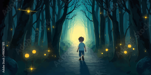 Alone Little boy goes on a trip in magic forest landscape digital art illustration.
