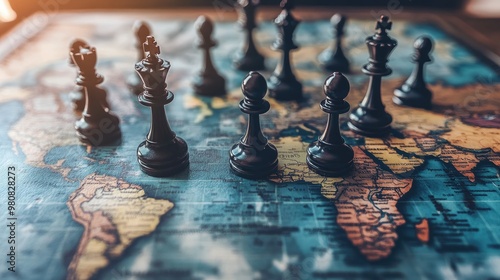 A chessboard laid over a world map, with pieces representing rival companies engaged in a global strategy game.