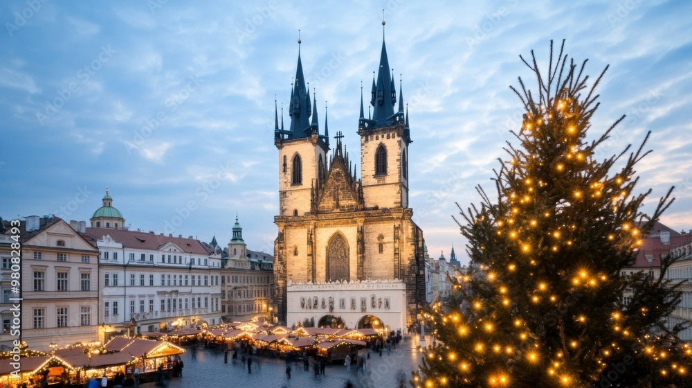 Festive Christmas market at the foot of Prague's Old Town Square, surrounded by Gothic architecture and warm glowing lights Festive Christmas market at the foot of Prague's Old Town Square, surrounded by Gothic architecture and warm glowing lights