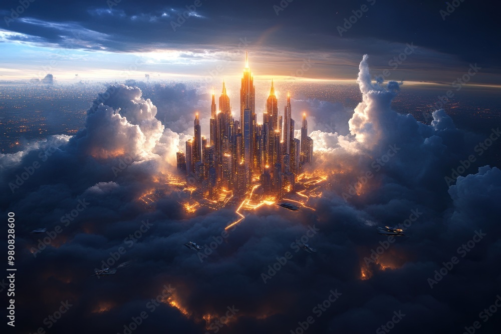Fototapeta premium A futuristic city floating among the clouds, featuring glowing towers