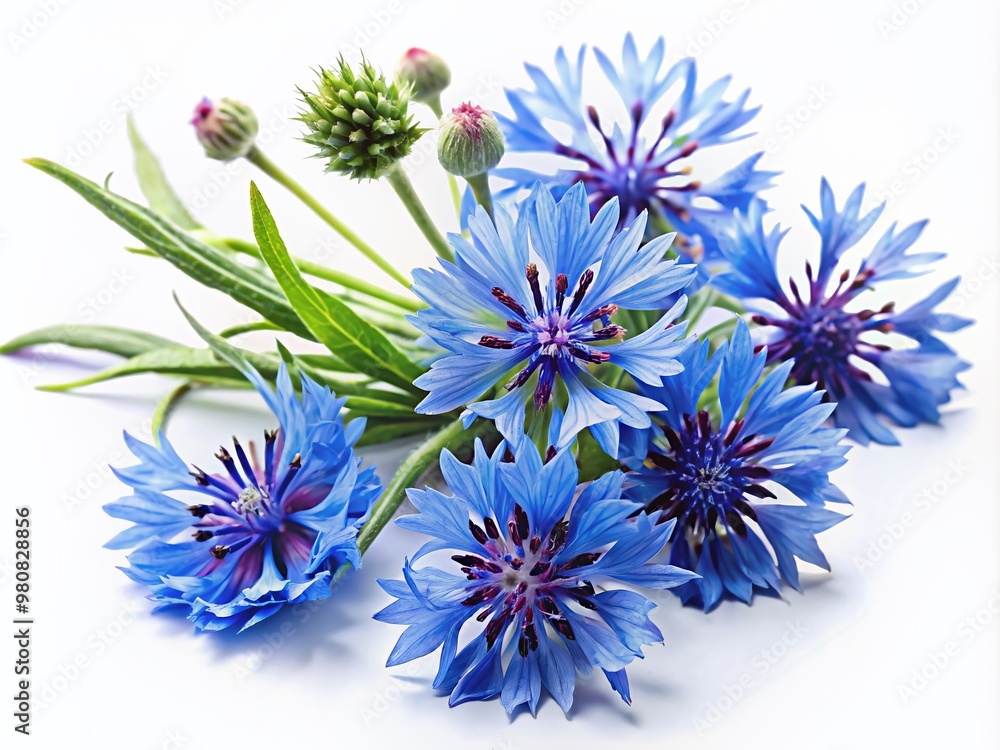 Delicate blue cornflower herb with clusters of tiny flowers and wispy leaves on a clean white background, showcasing its intricate details and soft colors. Delicate blue cornflower herb with clusters of tiny flowers and wispy leaves on a clean white background, showcasing its intricate details and soft colors.