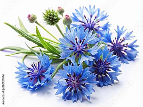 Delicate blue cornflower herb with clusters of tiny flowers and wispy leaves on a clean white background, showcasing its intricate details and soft colors.