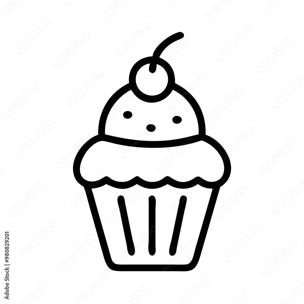 Simple line drawing of a cupcake with frosting and a cherry on top on a white background Simple line drawing of a cupcake with frosting and a cherry on top on a white background