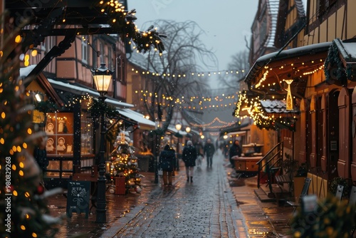 Festive Winter Market with Twinkling Lights and Snow-Covered Stalls at Dusk