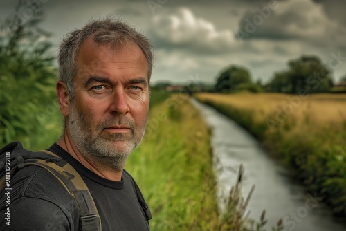 A man with a beard and gray hair stands in a field next to a river. The image has a calm and peaceful mood, with the man looking out over the water