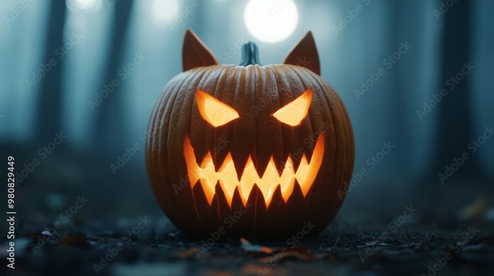Halloween pumpkin with a werewolf face carving, set against a forest background with fog and full moonlight Halloween pumpkin with a werewolf face carving, set against a forest background with fog and full moonlight