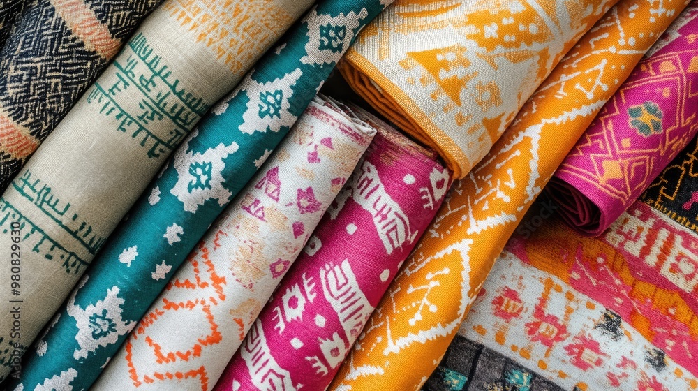 A flat lay of fabric pieces with traditional and geometric designs, each featuring bright, contrasting colors. A flat lay of fabric pieces with traditional and geometric designs, each featuring bright, contrasting colors.