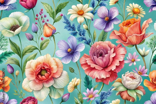 Vibrant seamless pattern of colorful flowers, including poppies and iris, on a soft turquoise blue background with light pastel petal hues and delicate details.