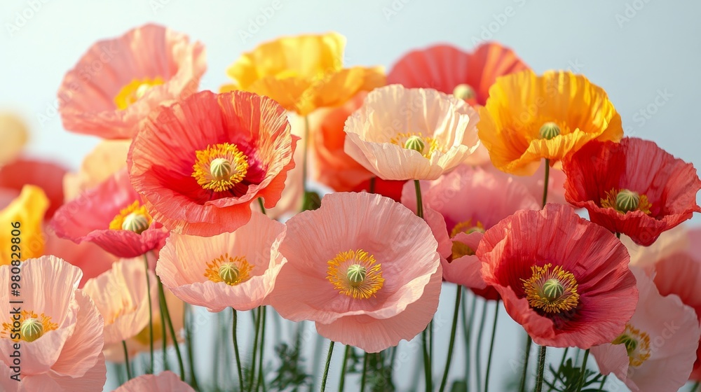 Obraz premium Colorful poppy flowers arranged beautifully on a white background during springtime
