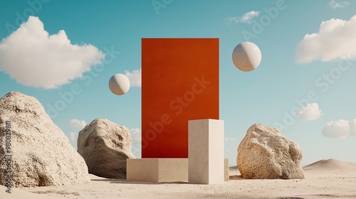 Minimalist Desert Podium: A serene desert landscape serves as a backdrop for a simple yet striking product display. The composition features a white podium with a vibrant orange backdrop, floating sph photo