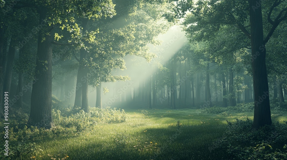 Obraz premium Render a 3D scene of a serene forest, with detailed trees, soft lighting, and a sense of peace and tranquility in nature.