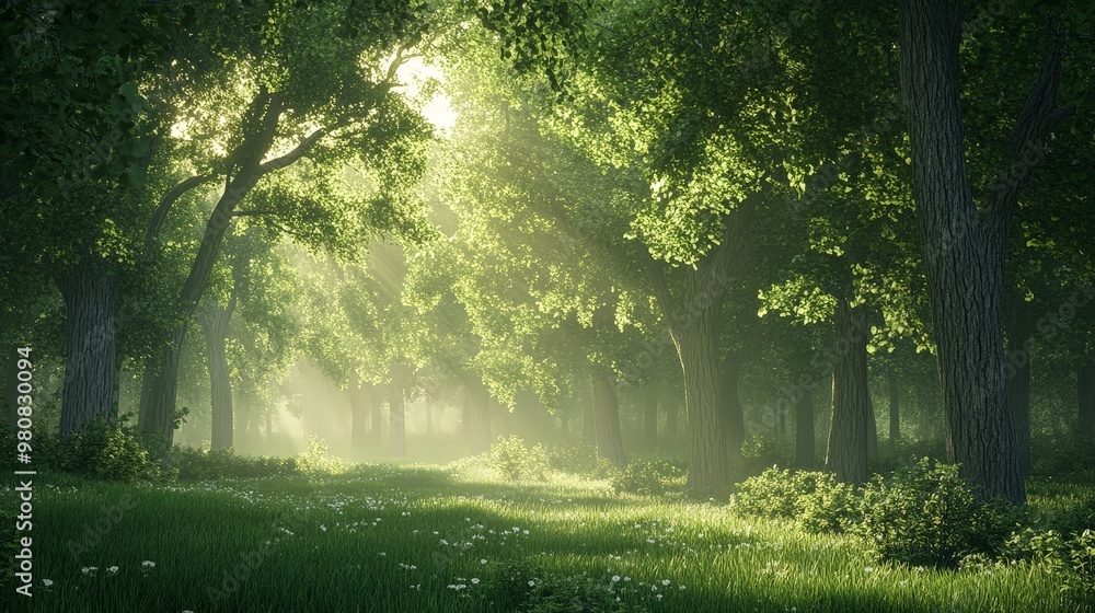 Render a 3D scene of a serene forest, with detailed trees, soft lighting, and a sense of peace and tranquility in nature. Render a 3D scene of a serene forest, with detailed trees, soft lighting, and a sense of peace and tranquility in nature.