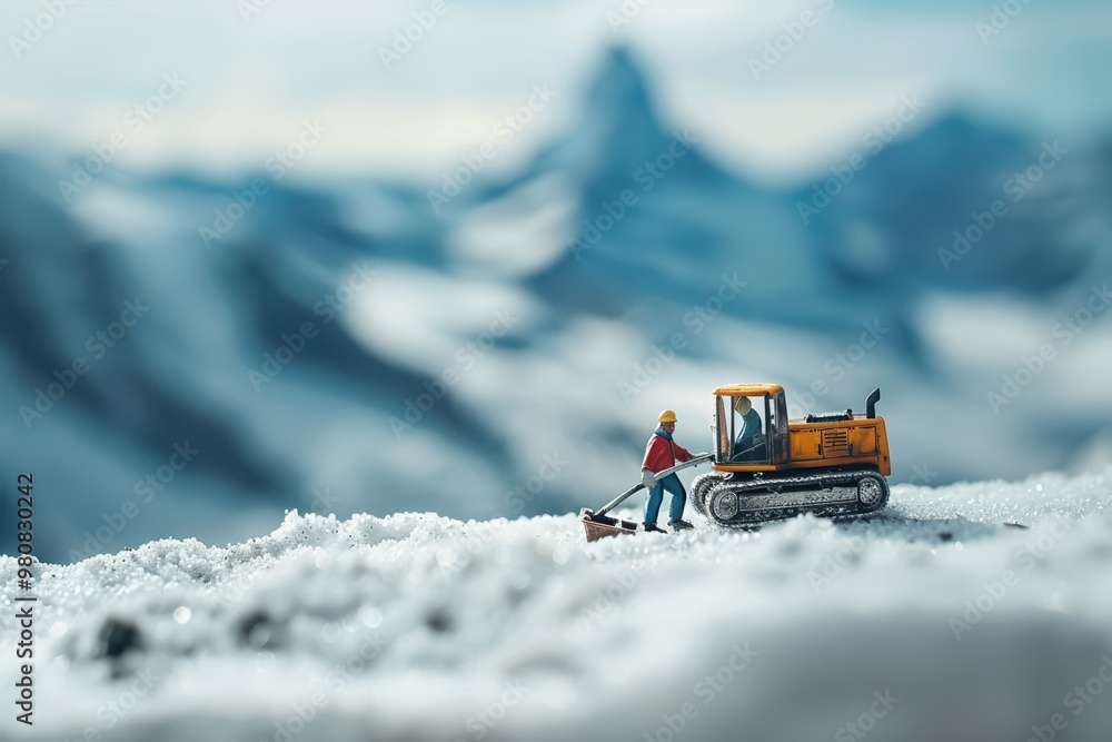 A miniature figure operates a snow groomer in a stunning winter landscape, showcasing precision and clarity amidst soft mountain views. A miniature figure operates a snow groomer in a stunning winter landscape, showcasing precision and clarity amidst soft mountain views.
