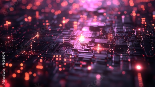 Highlighting a digital circuit board system with glowing orange lights, showcasing a sophisticated network of technology