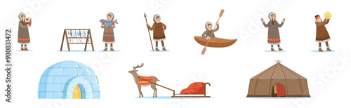 Eskimo Characters in Traditional Clothing as Life in the Far North Vector Set
