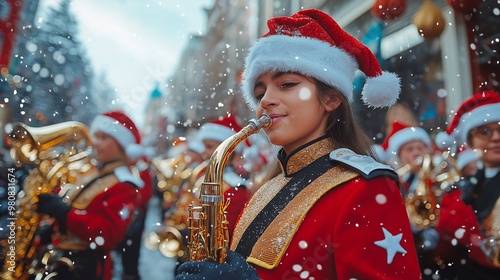 Christmas Saxophone Player in Snow Parade