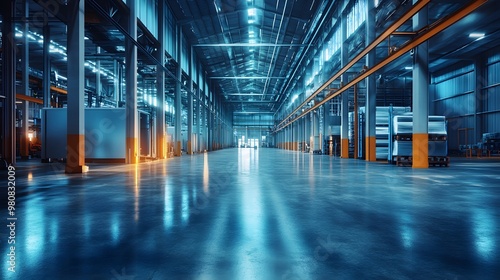 A large industrial building with a bright blue ceiling and a shiny, clean floor. The space is empty and features a few large trucks