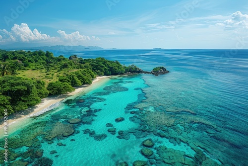 Tropical Paradise Beach with Palm Trees and Crystal-Clear Water under Blue Skies