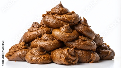 Brown pile of feces on a white background, showcasing the unappealing texture and irregular shape of human waste photo