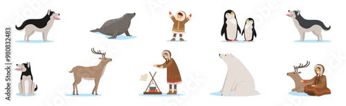 Eskimo Characters in Traditional Clothing and Animal as Life in the Far North Vector Set
