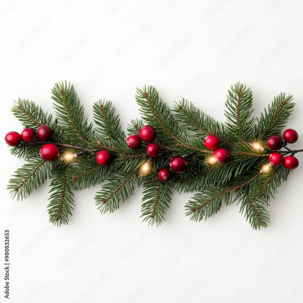 Natural Christmas garland of pine branches intertwined with cranberry sprigs and fairy lights on a white background Natural Christmas garland of pine branches intertwined with cranberry sprigs and fairy lights on a white background