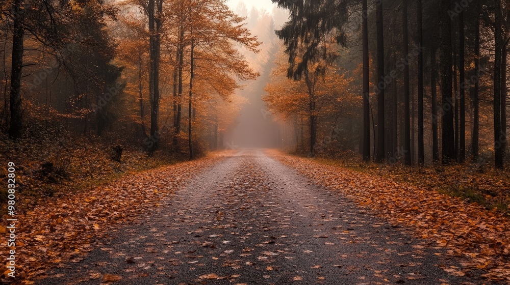 Show an empty, leaf-covered road leading through a misty autumn forest, with a single path stretching into the distance, evoking a sense of solitude and introspection. Show an empty, leaf-covered road leading through a misty autumn forest, with a single path stretching into the distance, evoking a sense of solitude and introspection.