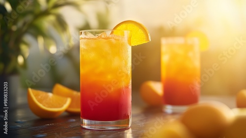 Showcase a vibrant tequila sunrise, with its gradient of orange and red, served in a highball glass with a slice of orange.