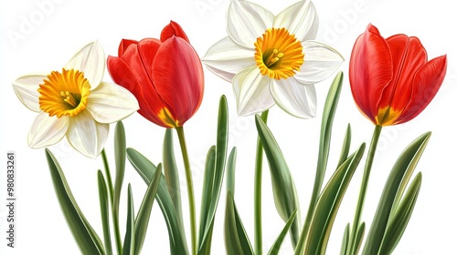 Beautiful botanical illustration featuring daffodils and tulips, perfect for expressing elegance and celebration.