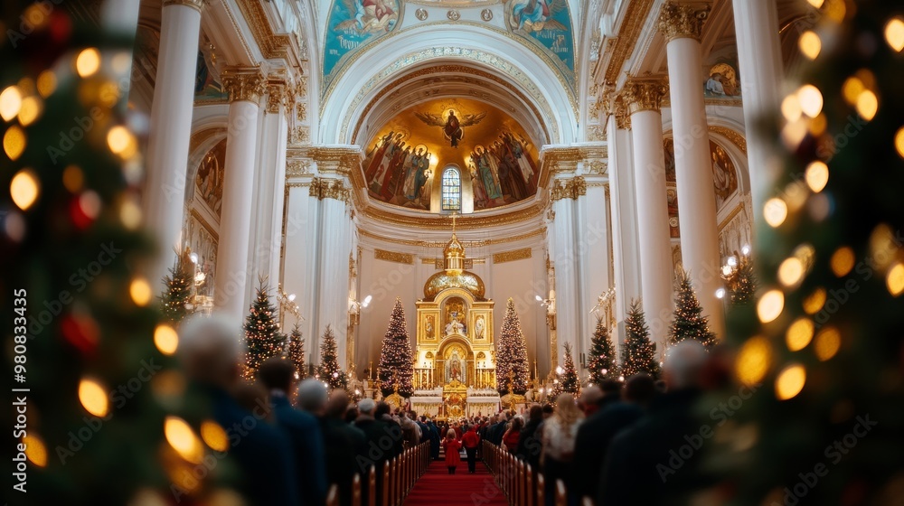 Orthodox church interior with a large congregation celebrating Christmas, children in traditional attire, and festive decor all around Orthodox church interior with a large congregation celebrating Christmas, children in traditional attire, and festive decor all around