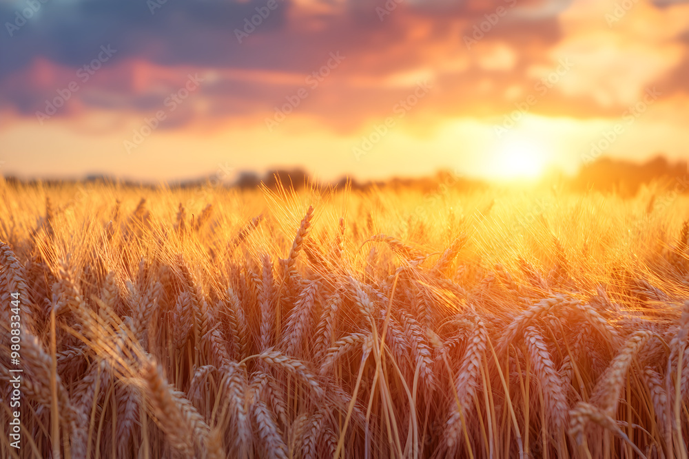 Field of golden wheat swaying in the breeze during sunset, with the sky painted in warm autumn tones Field of golden wheat swaying in the breeze during sunset, with the sky painted in warm autumn tones