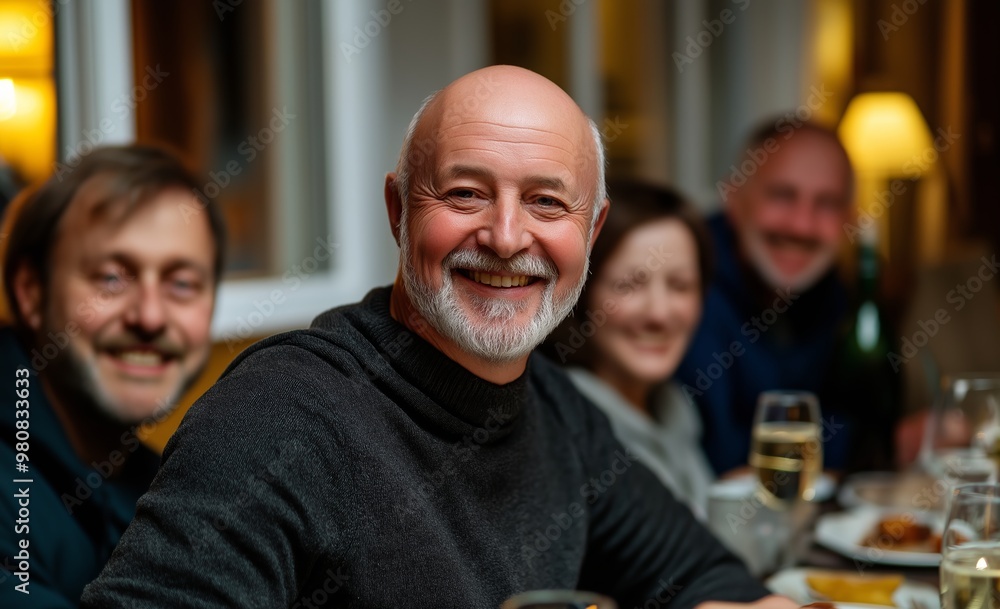 A man with a beard and gray hair is smiling at the camera while sitting at a table with other people A man with a beard and gray hair is smiling at the camera while sitting at a table with other people
