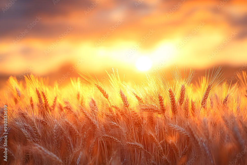 Field of golden wheat swaying in the breeze during sunset, with the sky painted in warm autumn tones