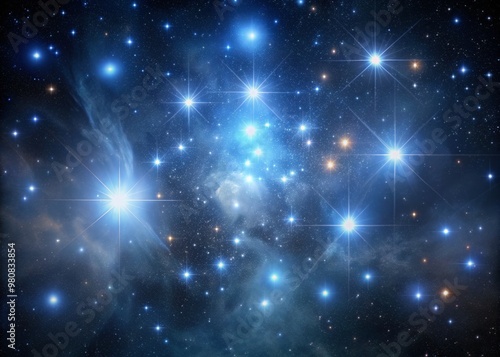 Celestial night sky with stars and galaxies, featuring the Pleiades, a bright, shimmering cluster of seven stars, photo